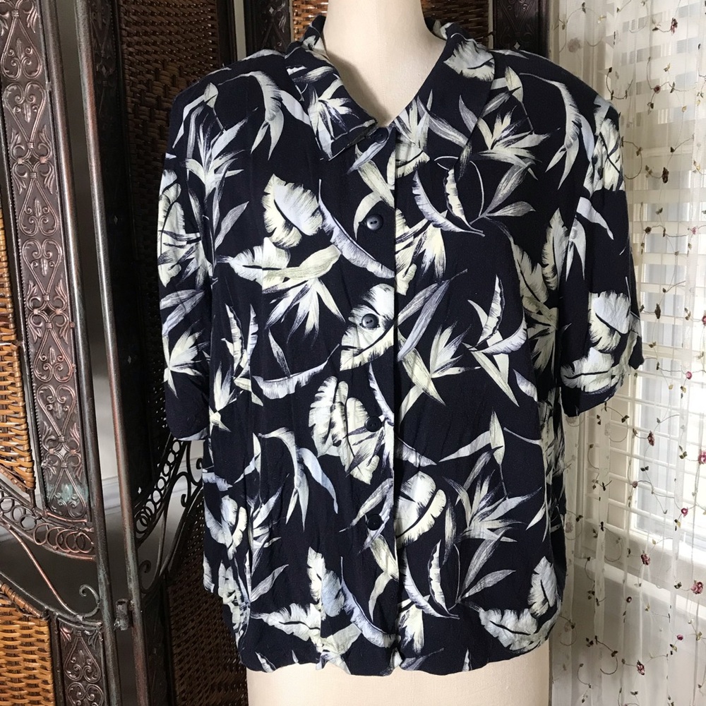 Dress Barn Navy Tropical Leaf Button-Front Blouse